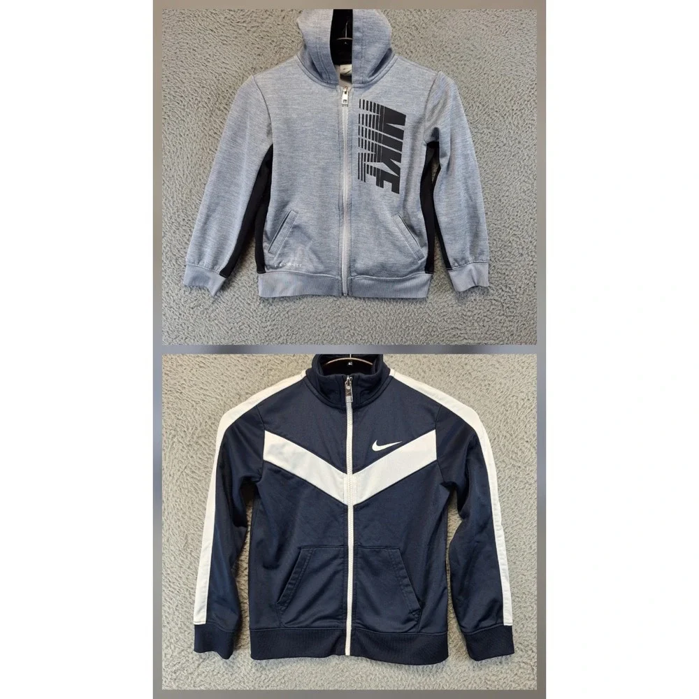 Lot Of 2 Nike Track Jacket Boys 7/L Gray Blue Dri Fit Therma Fleece Lined Zip Up